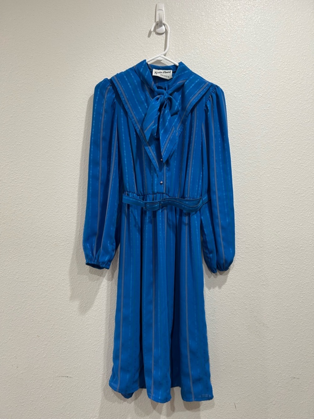 vintage 90s Kevin Stuart Petites blue striped chiffon dress flap collar belted S